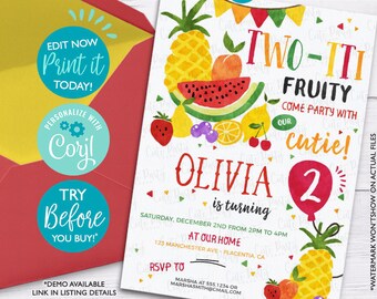 Tutti Frutti Birthday Invitation: Editable Two-tti Fruity Party (Digital Download)
