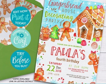 Gingerbread Decorating Party Invitation: Editable Christmas Birthday (Digital Download)