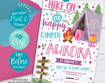 Camping Birthday Invitation Girl: Tent Party, Editable (Digital Download)
