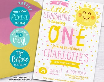 May include: A printable 5x7 inch invitation for a first birthday party. The invitation features a yellow sun with a pink and yellow watercolor "One" and the text "Our little sunshine is turning one. Join us to celebrate Charlotte's very first birthday."