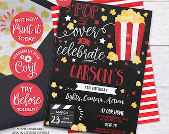 May include: A red and black 5x7 inch printable invitation for a 7th birthday party with a movie theme. The invitation features a popcorn bucket, a movie clapboard, and the text "Pop over to celebrate Carson's 7th Birthday. Lights, Camera, Action."