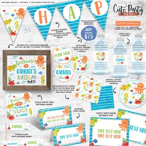 海の中の誕生日パーティーのデコレーション：印刷可能なデコレーションパック（デジタルダウンロード）
