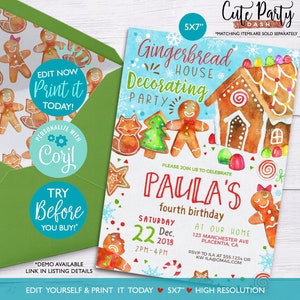 INSTANT DOWNLOAD - EDITABLE Gingerbread House Decorating Party Invitation Birthday Gingerbread cookie decorating corjl invitation Christmas
