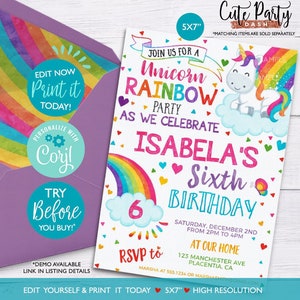 INSTANT DOWNLOAD, EDITABLE Unicorn Rainbow Birthday Party invitation, Rainbow Unicorn printable invite Digital Rainbow Corjl invitations 471 image 5