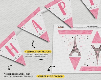 INSTANT DOWNLOAD - EDITABLE Paris Birthday Party wall banner bunting pennant Paris printable decorations Chic Paris pink birthday