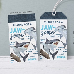 Shark Birthday Favor tags, Shark Jawsome time, Watercolor Under the sea printable Decor, Pool party gift tag 469 INSTANT DOWNLOAD, EDITABLE