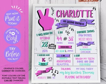 May include: A pink and purple printable birthday sign for a girl's second birthday. The sign features the name Charlotte, her age, weight, height, favorite shows, foods, and activities. The sign also includes a cute illustration of a hand making the peace sign.