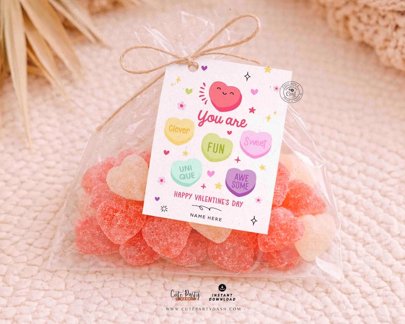Candy Hearts Valentine's Day Tag Printable, Kids Classroom Exchange, Editable Teacher  Valentine Tag