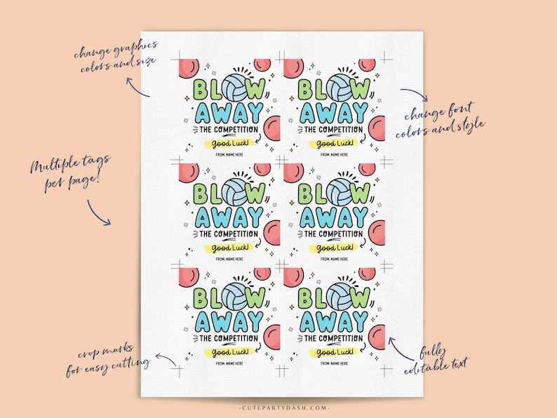 May include: Six printable volleyball-themed gift tags with the text "Blow Away the Competition" and "Good Luck!" in a colorful, hand-drawn style. The tags are designed for easy cutting and feature customizable text.