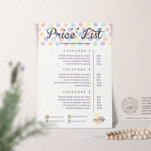 May include: A colorful price list template with a watercolor background and polka dots. The template includes three categories with prices for each item. The text includes "Price List", "Category 1", "Category 2", "Category 3", "Lorem ipsum dolor sit amet", "consectetur adipiscing elit", "sed do eiusmod tempor", "incididunt ut labore", "et dolore magna aliqua", and "Fully Editable Text", "Instant Access", "SK7 Template", "Changeable Font Styles", "6 Colors", "Edit it Online Now", "Demo Available", "Additional Social Media Icons Included", and "Cate Poly".