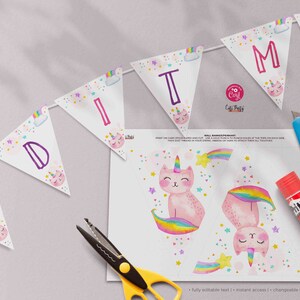 May include: A printable banner with the word "EDIT ME" in purple letters. The banner is decorated with pink and white unicorn cat illustrations and rainbow accents. The banner is designed for a birthday party.