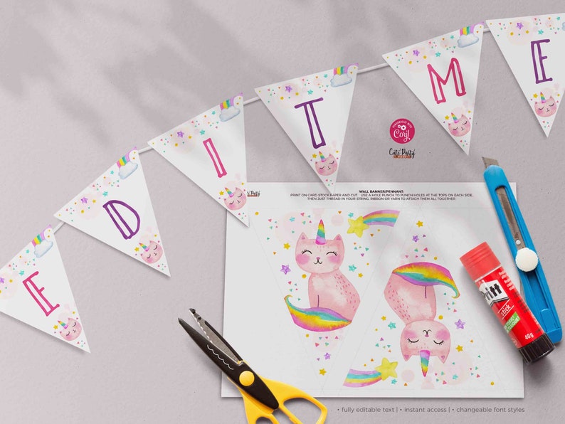 May include: A printable banner with the word "EDIT ME" in purple letters. The banner is decorated with pink and white unicorn cat illustrations and rainbow accents. The banner is designed for a birthday party.