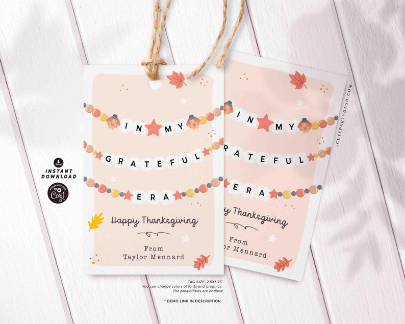 In My Grateful Era Thanksgiving Gift Tag Printable INSTANT DOWNLOAD Friendship Bracelet Trendy Thanksgiving Gratitude Favor Treat Tag