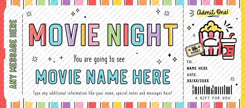 Surprise Movie Ticket Template, Gift Certificate Voucher, Birthday Movie Night Printable Theatre Cinema Premier Coupon #175 INSTANT DOWNLOAD