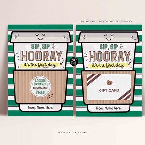 Puede incluir: Una tarjeta a rayas verdes y blancas con una ilustraci&oacute;n de taza de caf&eacute; de dibujos animados. El texto en la tarjeta dice "Sip, Sip Hooray! It's the first day!" y "Looking forward to an amazing year!" La tarjeta tambi&eacute;n incluye una secci&oacute;n de tarjeta de regalo con el texto "Gift Card".