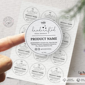 May include: A sheet of 10 round white sticker labels with black text. The labels are for handcrafted products and include the text "handcrafted", "your product", "product name", and "ingredients". The ingredients listed are coconut oil, shea butter, beeswax pellets, cedarwood essential oil, and orange essential oil. The labels also include social media icons for Instagram and Facebook.