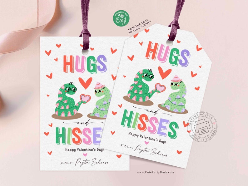 Hugs and Hisses Snake Valentine's Day Treat Tag, Non-Candy Valentine gift tag, Preschool Valentines Classroom Tag, INSTANT DOWNLOAD EDITABLE