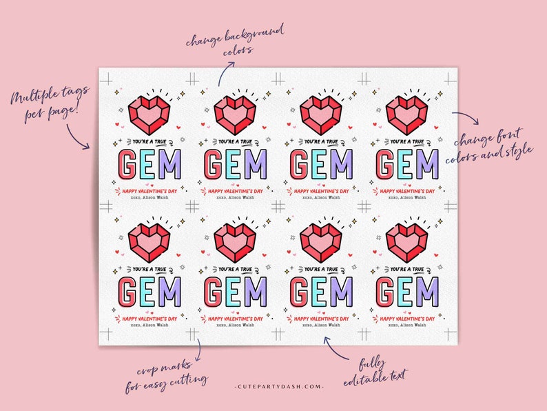 K&ouml;nnte beinhalten: Blatt mit Valentinstag-Geschenkanh&auml;ngern mit sich wiederholendem Design. Jedes Etikett zeigt einen herzf&ouml;rmigen roten Edelstein, das Wort "GEM" in einer bunten Schriftart und den Text "You're a True Gem".