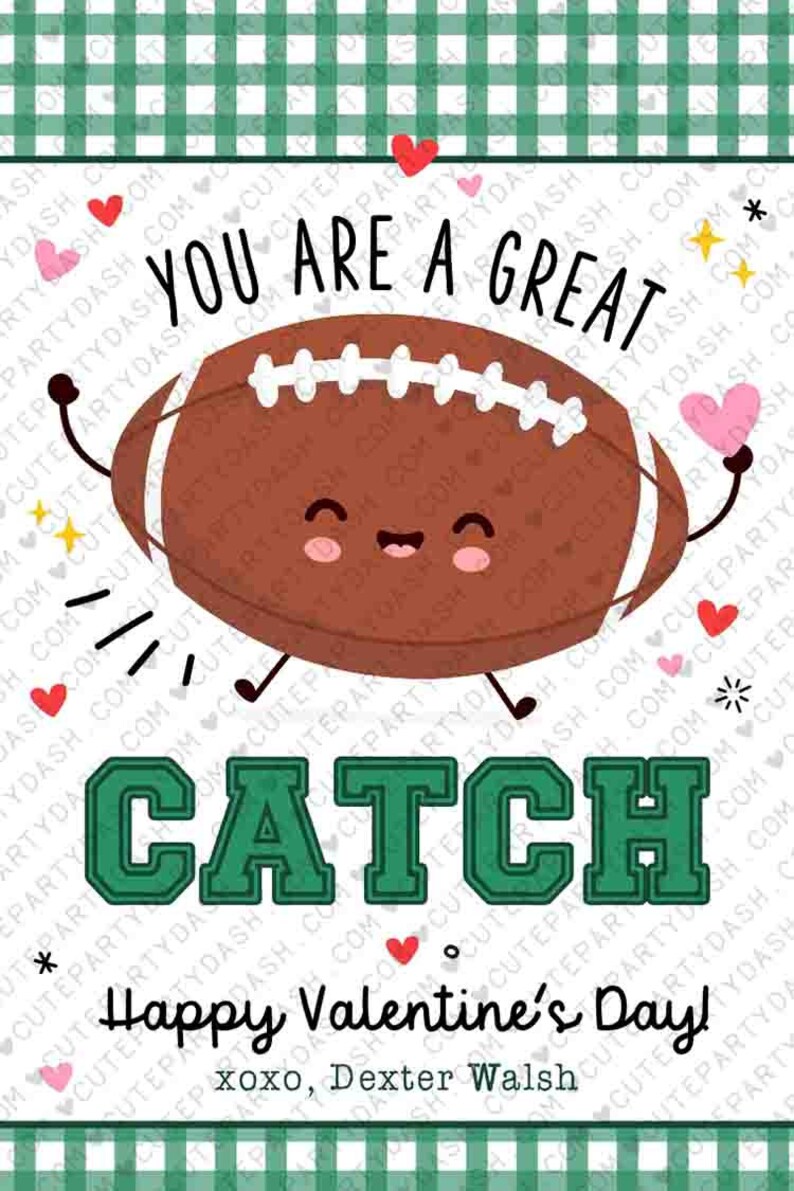Football Valentine's Day Kids Classroom Tags Printable INSTANT DOWNLOAD You're a great CATCH Punny Editable Happy Valentines Day Pun Card