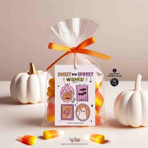 Pu&ograve; includere: Un sacchetto trasparente di cellophane legato con un nastro arancione, pieno di caramelle a forma di mais e un'etichetta con la scritta "Sweet Spooky Wishes!" con illustrazioni di Halloween. Sono visibili anche due zucche bianche con steli dorati e caramelle.