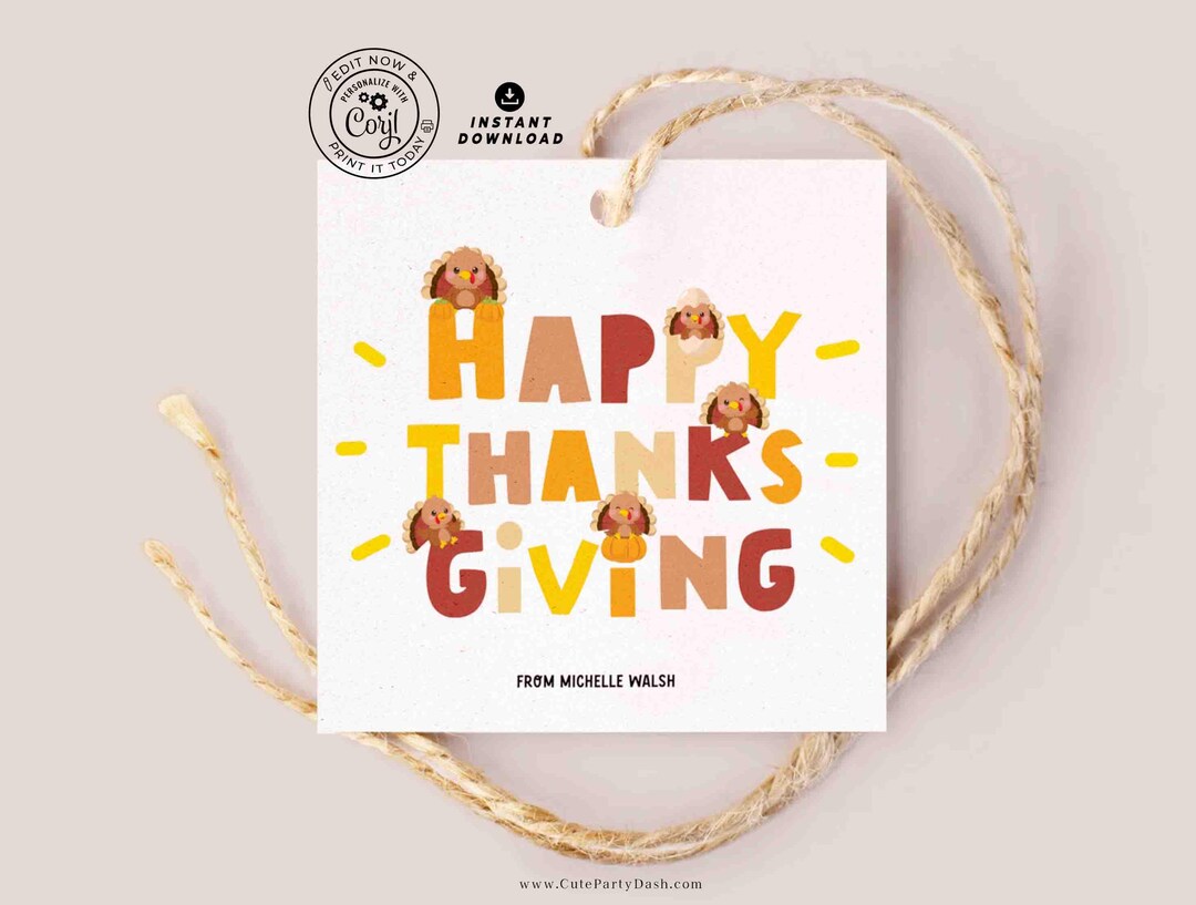 Turkey Tag Email Editable Thanksgiving Gift Tag, Printable Turkey Favor Tags (instant ...