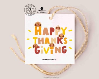 Bewerkbaar Thanksgiving-cadeaulabel, afdrukbare Turkije-bedankkaartjes (directe download)