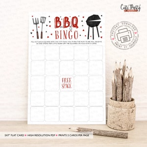May include: A printable bingo card with a red and black BBQ theme. The card has a grid of 25 squares with the words "BBQ Bingo" at the top. The center square says "Free Space".