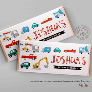 May include: Two chocolate bar wrappers with a white background and colorful illustrations of trucks, cars, and construction vehicles. The text "JOSHUA'S SECOND BIRTHDAY" is displayed in red. The wrappers are designed for 1.55oz chocolate bars.