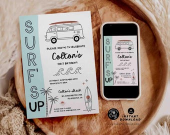 May include: A printable invitation for a first birthday party with a surf theme. The invitation features a blue and white van with a surfboard on top, palm trees, waves, and the text "Surf's Up" in black and white. The invitation also includes the text "Please join us to celebrate Colton's First Birthday!" and the date and time of the party.