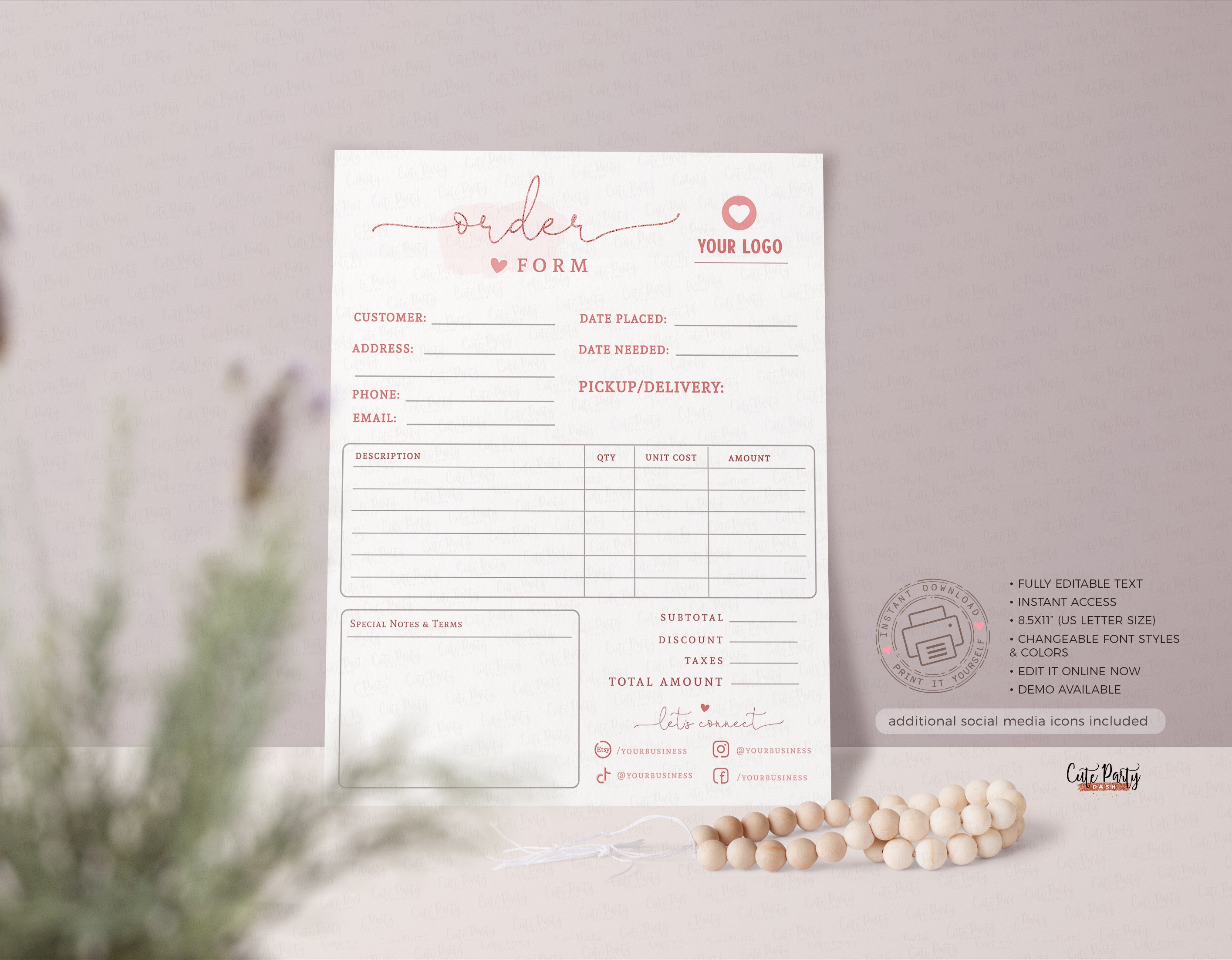 Pink Thank You for Your Order Insert Card Editable Template - Etsy