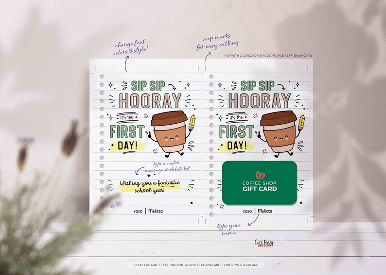 Sip Sip Hooray It's The First Day Gift Card Holder Template Editable Back to School Printable Coffee Gift for Teacher Work INSTANT DOWNLOAD