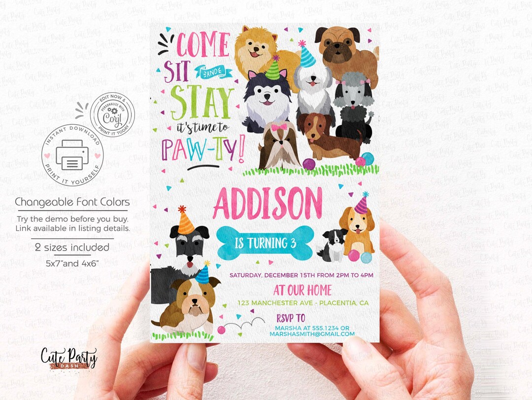 Puppy Birthday Invitation Girl INSTANT DOWNLOAD Editable Dog Party ...