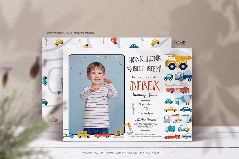 May include: A birthday invitation for a boy turning four. The invitation features a photo of the boy, a colorful illustration of cars and trucks, and the text "Honk Honk Beep Beep! Join us to celebrate Derek turning four!" The invitation also includes the date, time, and location of the party.