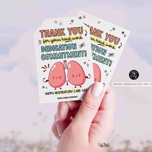 May include: Thank you card with a cute illustration of two pink lungs with smiling faces. The card says "Thank you for your hard work, dedication and commitment!" and "Happy Respiratory Care Week".