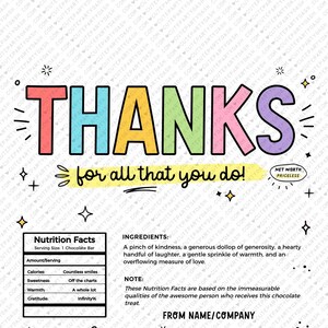 Thank You Gift Chocolate Bar Wrapper INSTANT DOWNLOAD Teacher Week Appreciation Gift Idea Coach Staff Printable Candy Bar Wrappers Editable