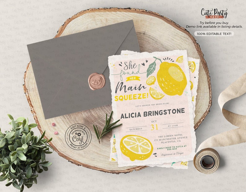 May include: A lemon-themed bridal shower invitation with a pink and yellow color scheme. The invitation features a hand-drawn illustration of lemons and the text "She found her main squeeze!"  Let's shower the bride-to-be, Alicia Bringstone. Saturday, October 31st at 11am. The Lorien Hotel, 125 Manchester Avenue, Placentia, CA. Kindly RSVP to Kayla at 555-1234. Registrations at The Knot.