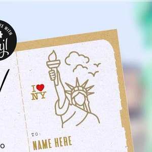 May include: A personalized card with a brown background and a white border. The card features a line drawing of the Statue of Liberty with the text "I &hearts; NY" and the words "To: NAME HERE".