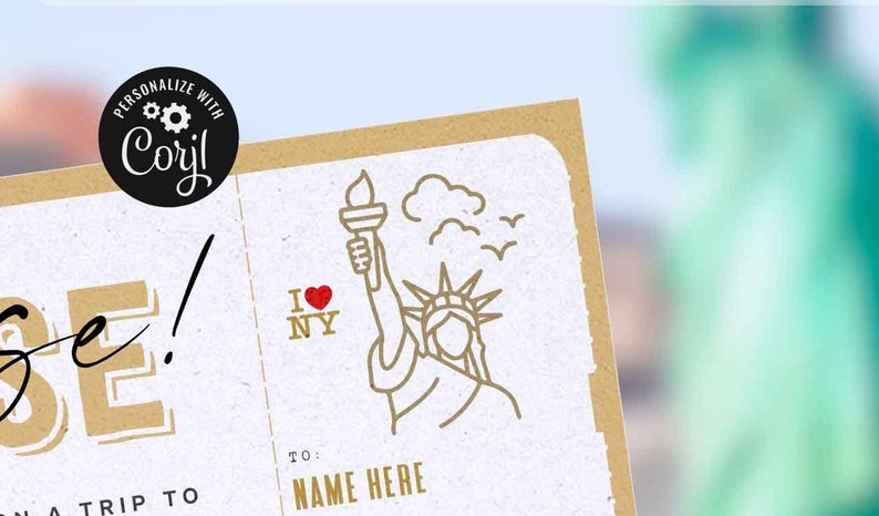 May include: A personalized card with a brown background and a white border. The card features a line drawing of the Statue of Liberty with the text "I &hearts; NY" and the words "To: NAME HERE".