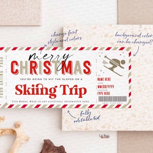 Christmas Surprise Ski Trip Ticket Template, Skiing Pass Gift Voucher