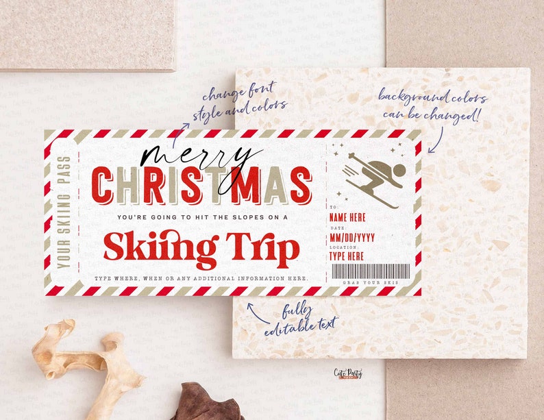 Christmas Surprise Ski Trip Ticket Template, Skiing Pass Gift Voucher