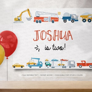 May include: A printable birthday sign with a construction theme. The sign features a red truck, a yellow excavator, a blue dump truck, and a gray cement truck. The text on the sign reads "Joshua is two!"
