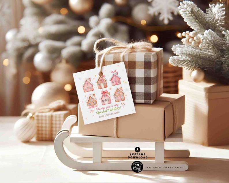 Pink Gingerbread House Gift Tag INSTANT DOWNLOAD Sweet Christmas Favor tag, 2"round Cookie Sticker Editable Merry Christmas Cookie Treat Tag
