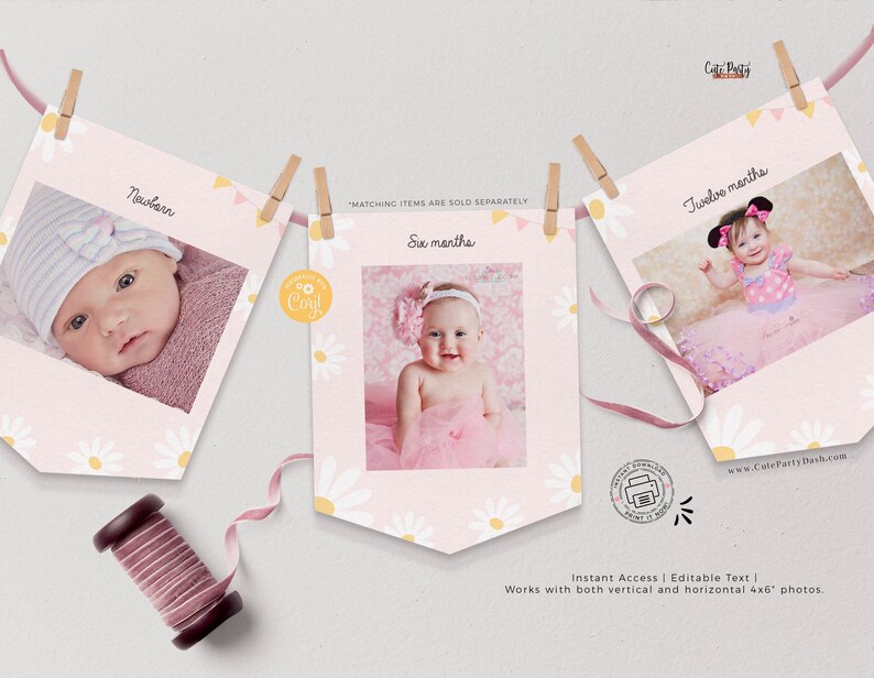 May include: Pink banner with daisy accents and photos of a baby at newborn, six months, and twelve months. The banner is strung on a pink ribbon with wooden clothespins. Text includes "Newborn", "Six months", and "Twelve months".