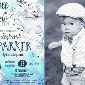 May include: A blue and white winter wonderland themed first birthday party invitation with a penguin, polar bear, and owl. The invitation says "It will be snow much fun!" and "Join us in a winter One-derland Parker is turning one!"  The invitation also includes the date, time, and location of the party.