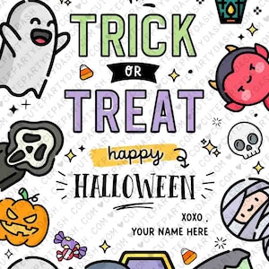 以下が含まれることがあります： 「トリックオアトリートハッピーハロウィーンxoxo、あなたの名前はこちら」というテキストが書かれたカラフルなハロウィーンカード。カードには、幽霊、吸血鬼、ミイラ、フランケンシュタインの怪物、クモ、頭蓋骨、カボチャなど、さまざまなハロウィーンキャラクターが描かれています。