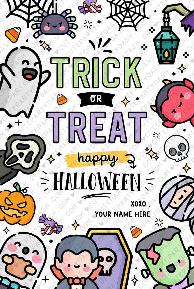 以下が含まれることがあります： 「トリックオアトリートハッピーハロウィーンxoxo、あなたの名前はこちら」というテキストが書かれたカラフルなハロウィーンカード。カードには、幽霊、吸血鬼、ミイラ、フランケンシュタインの怪物、クモ、頭蓋骨、カボチャなど、さまざまなハロウィーンキャラクターが描かれています。