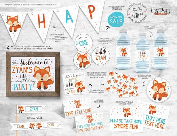 INSTANT DOWNLOAD Fox Birthday Decoration Woodland First Birthday