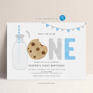 May include: A blue and gray "ONE" with a cookie and milk bottle illustration. The text reads "What fun to be ONE. Please join us to celebrate Jasper's First Birthday. Saturday, November 20th from 2PM to 4PM. At our home. 123 Manchester Ave. Placentia, CA. Please RSVP to Anna at 555-1234. CutePartyDash.com".