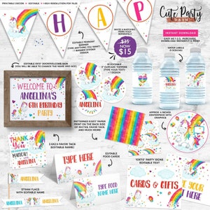 May include: A set of printable party decorations with a unicorn theme. Includes a banner, welcome sign, cupcake toppers, water bottle labels, favor tags, food cards, and party signs. The decorations are in a rainbow colour scheme.