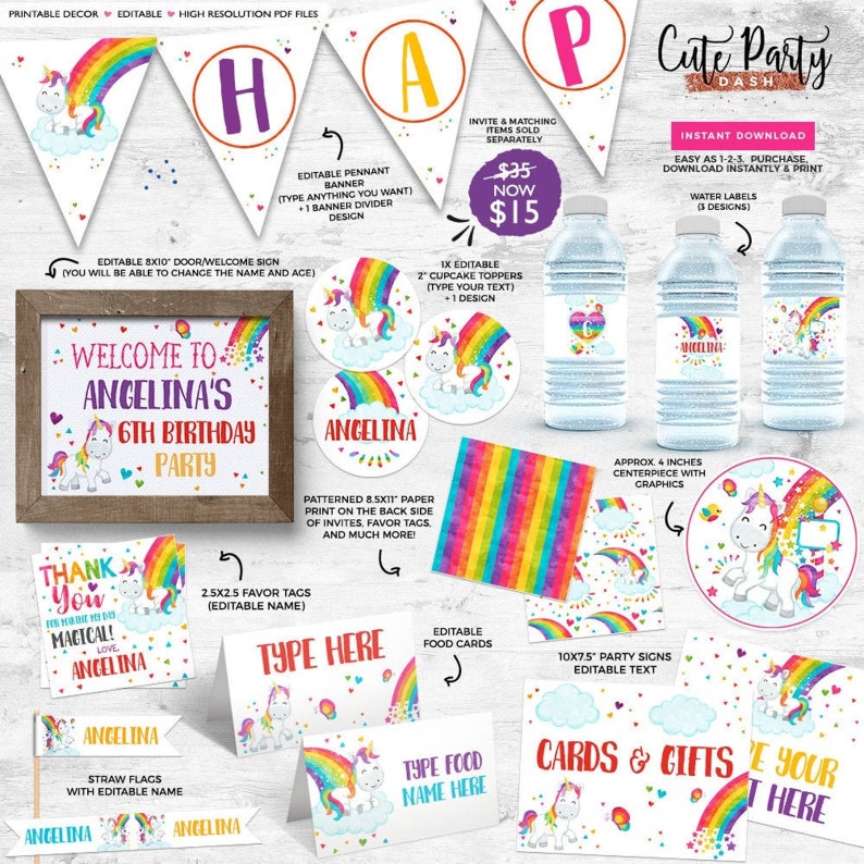 May include: A set of printable party decorations with a unicorn theme. Includes a banner, welcome sign, cupcake toppers, water bottle labels, favor tags, food cards, and party signs. The decorations are in a rainbow colour scheme.